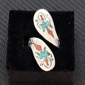 Native American Sterling Silver Coral&Turquoise Chips Inlay Bypass Ring